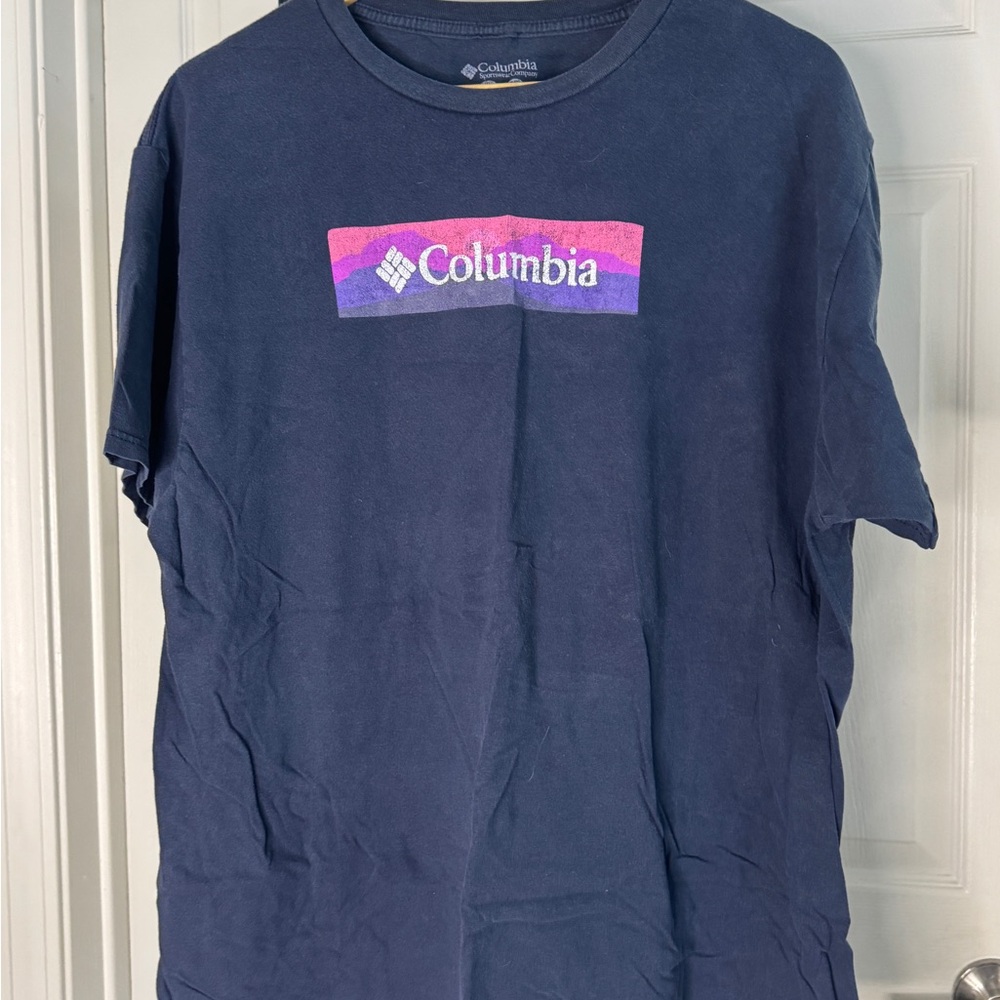 Columbia Sportswear Navy Tee XL w/ Pink & Purple Graphic 100% Cotton